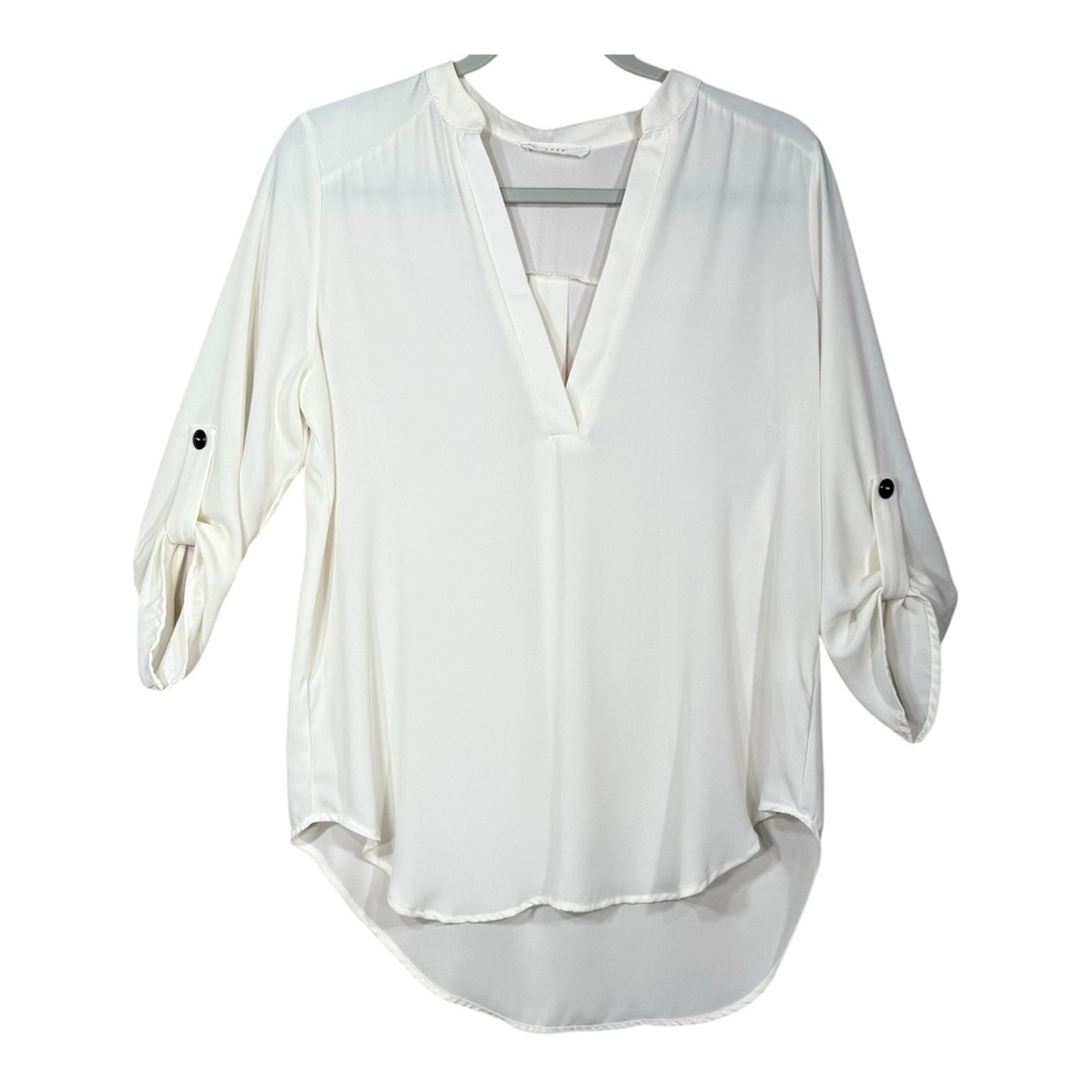 Lush White High Low V-Neck Blouse With Roll Tab Sleeves Size S